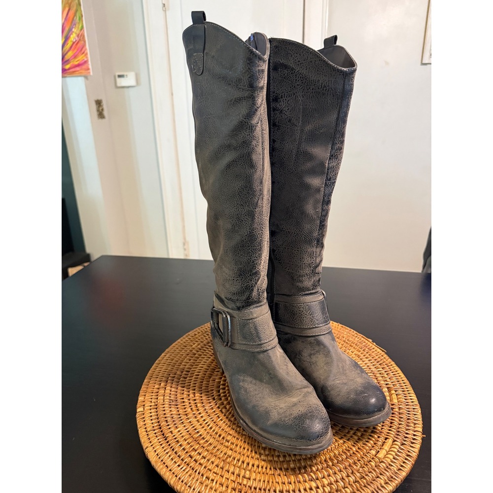Levity Bonita Gray Distressed Tall Knee High Moto Boots Womens 10M Buckle Detail